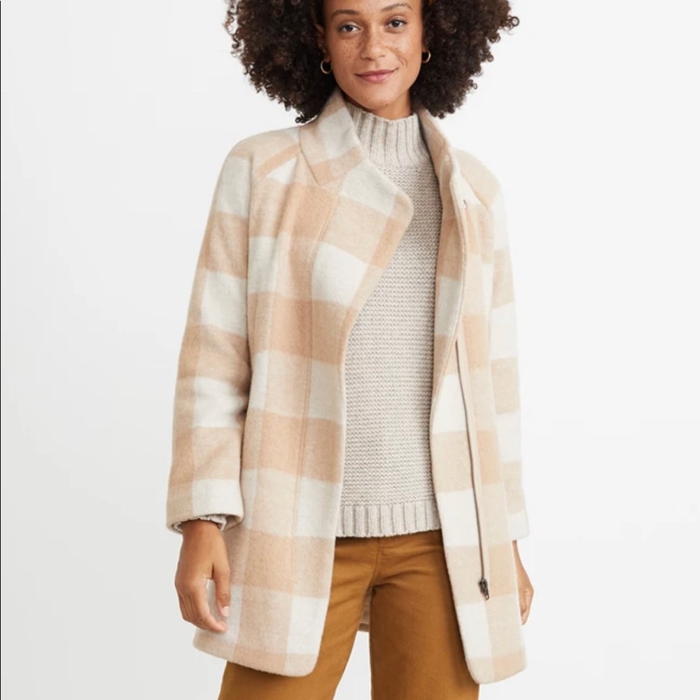 Marine Layer Tan and Cream Plaid Pea Coat